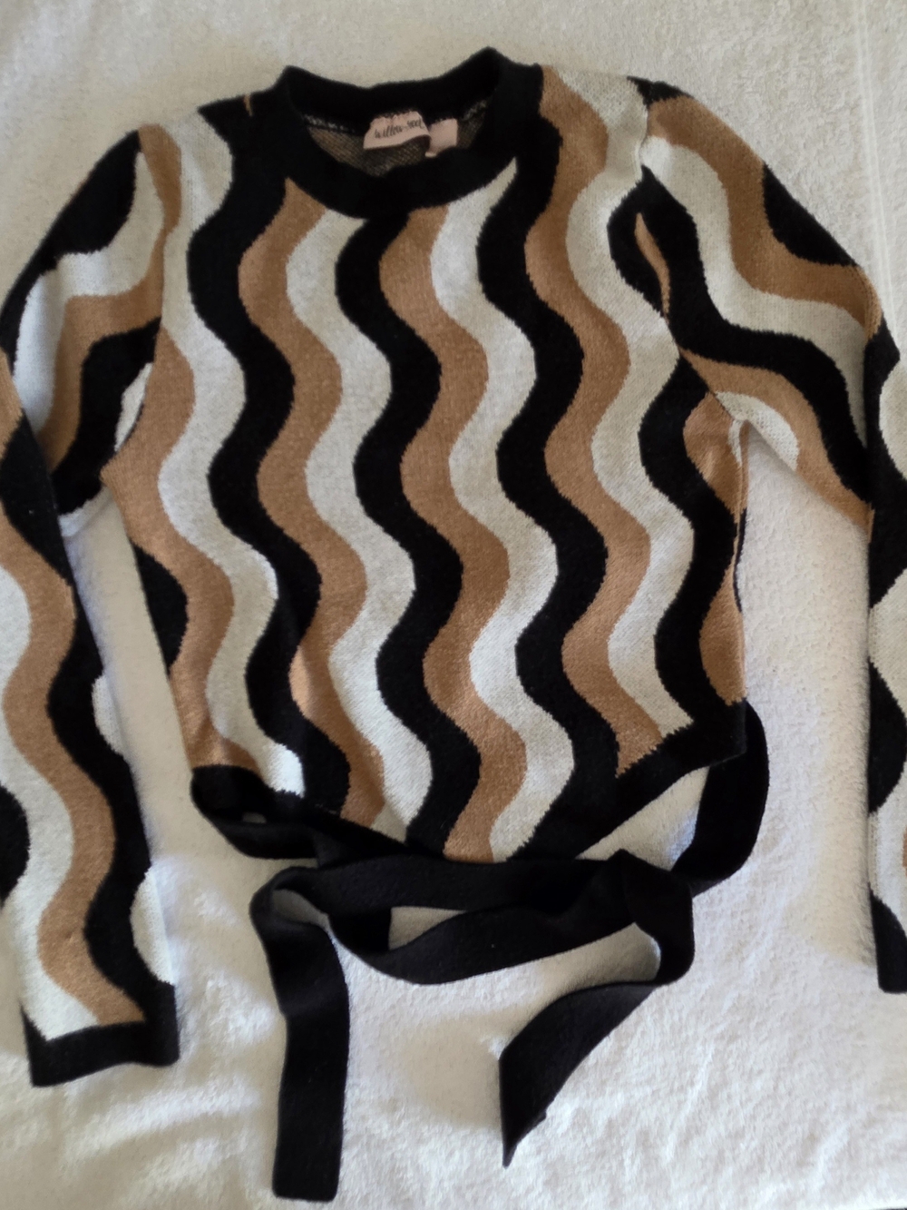Willow Root Wavy Retro Stripe Knit Sweater Size M Crewneck Waist Tie Crop